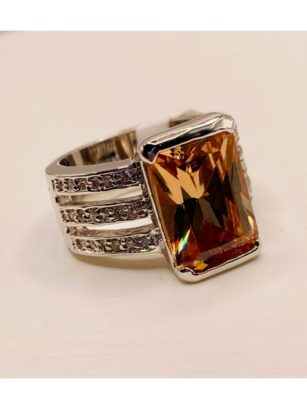 Rhodium Plated Chunky Statement Ring Large Amber Rectangle CZ -83B